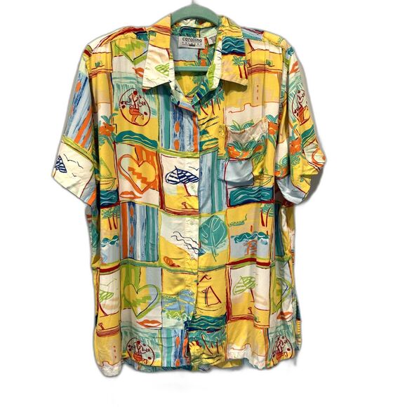 Vintage Button Down Tropical Shirt Patchwork Yellow Rayon Beach Women sz 22W - Picture 2 of 9